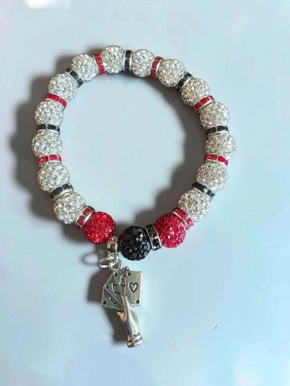 Crystal Disco Ball Playing Cards Charm Beaded Stretch Bracelet